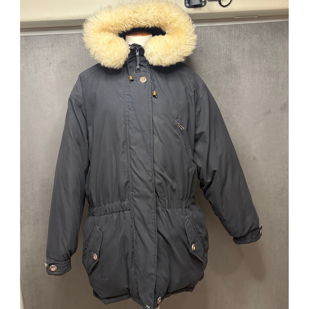 Vtg Eddie Bauer Premier Polar Parka Coat Womens L Black Goose Down Fur Trim Hood